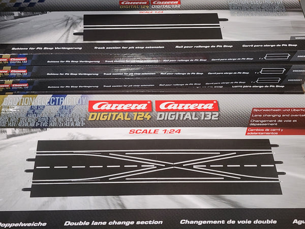 4 Lane cross over package. 5 track pieces 1-30347 4-30341 allows racers to switch between lane 2 & lane 3 for layouts built with 4 or more lanes. Save huge buying this package over buying individually.